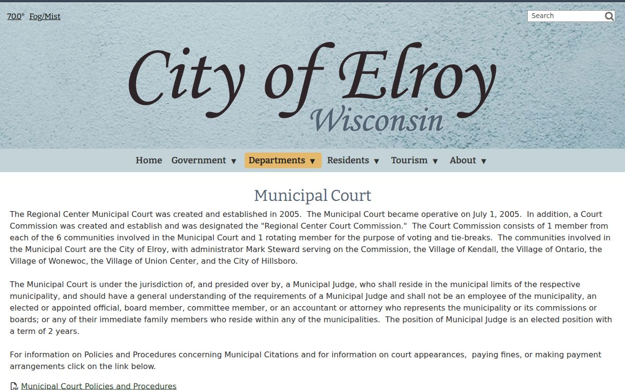 Elroy municipal court records in Juneau County through Regional Center Municipal Court