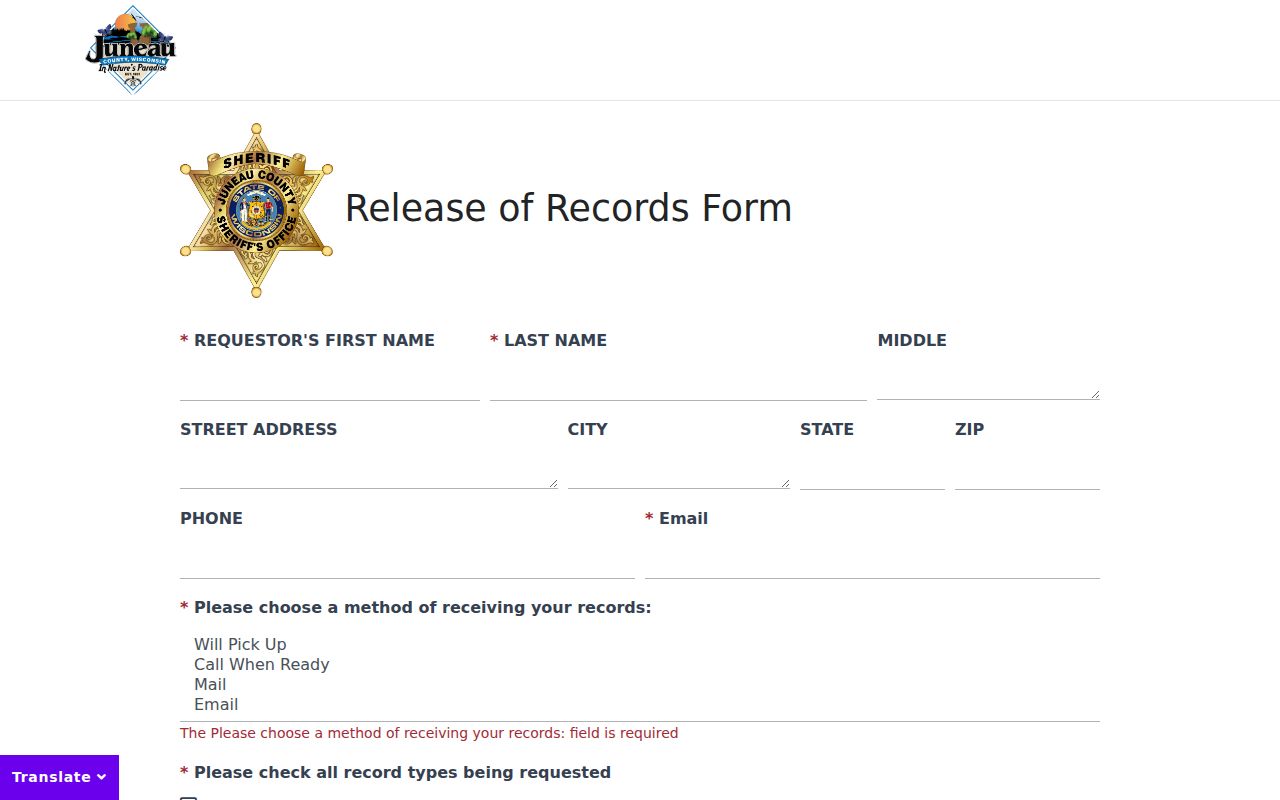 Juneau County arrest record Release of Records form
