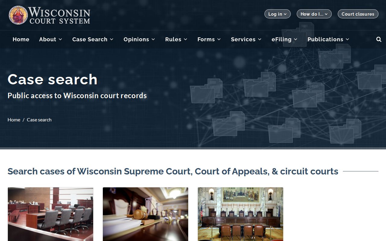 Juneau County criminal case records route on the Wisconsin court search page
