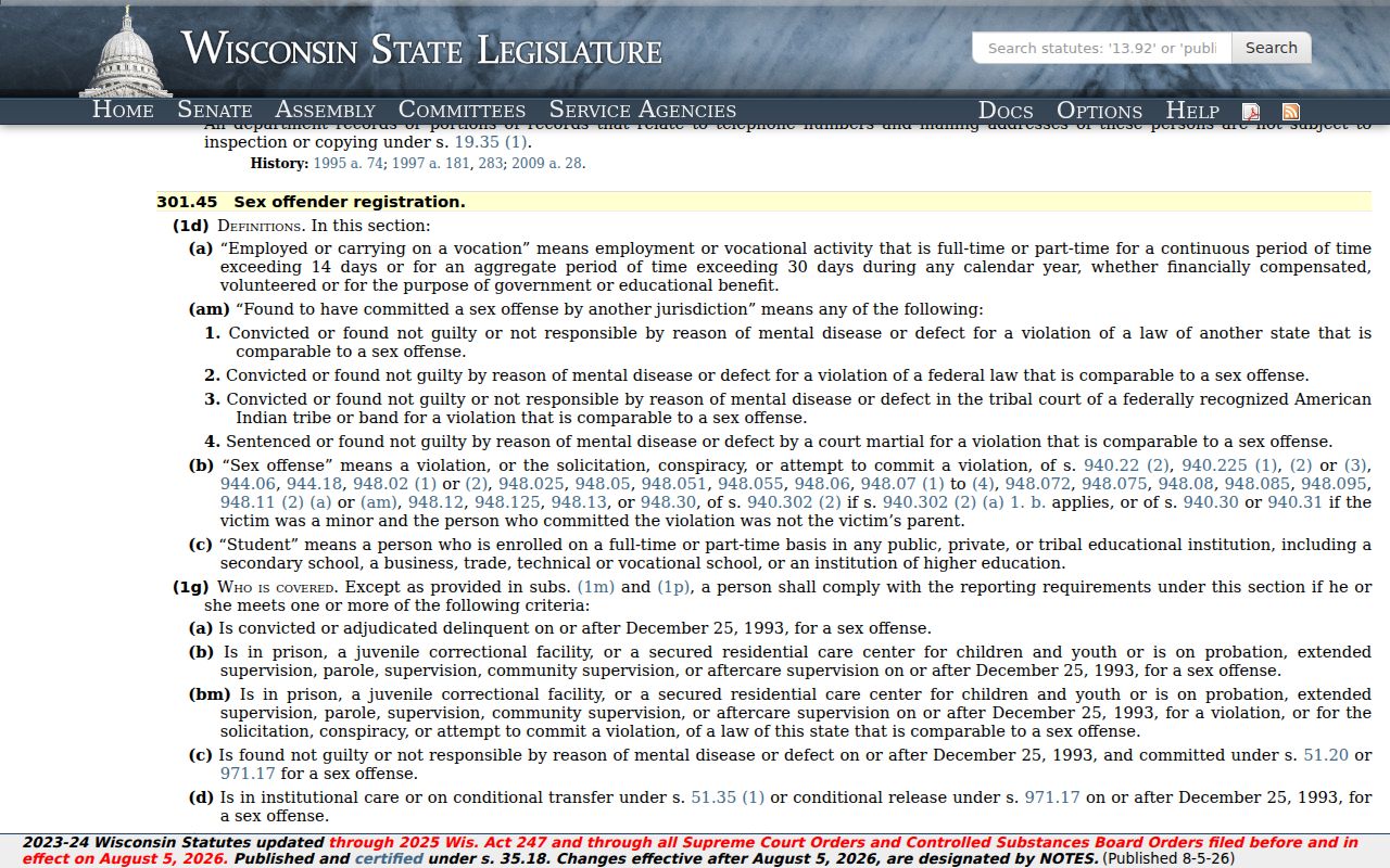 Wisconsin statute used for a Juneau County sex offender registry check